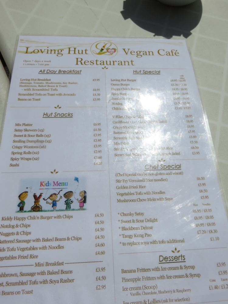 menu options at Loving Hut, Brighton, UK